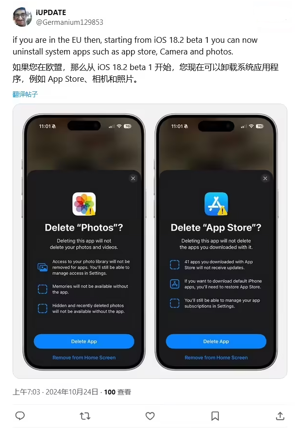 儋州苹果手机维修分享iOS 18.2 支持删除 App Store 应用商店 