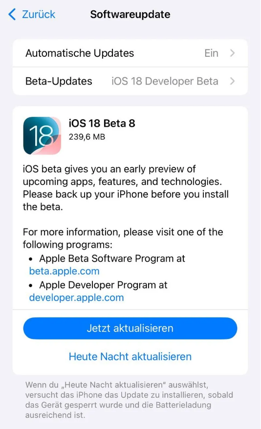 儋州苹果手机维修分享苹果 iOS / iPadOS 18 开发者预览版 Beta 8 发布 